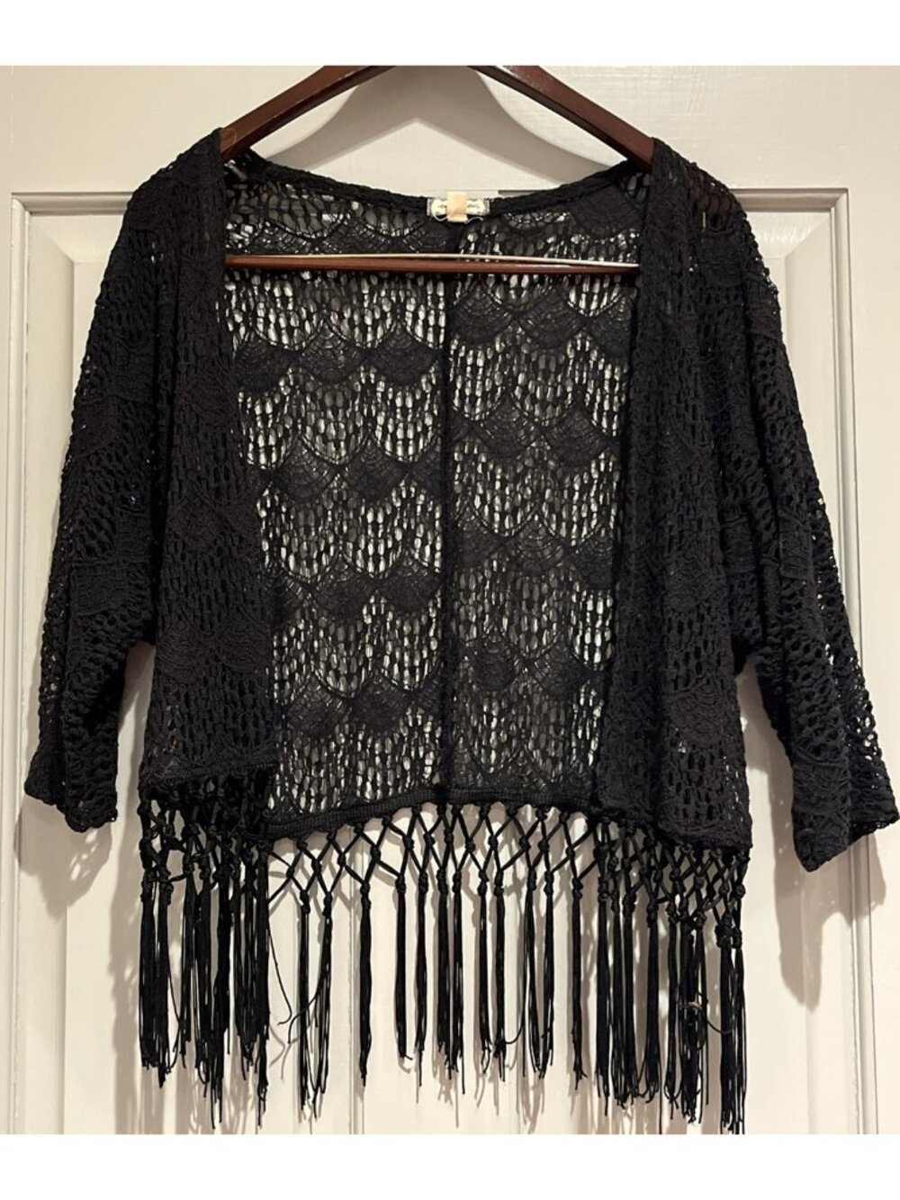 Eyeshadow Black Crochet Cardigan Small Cropped Fringe Whimsigoth Boho Festival